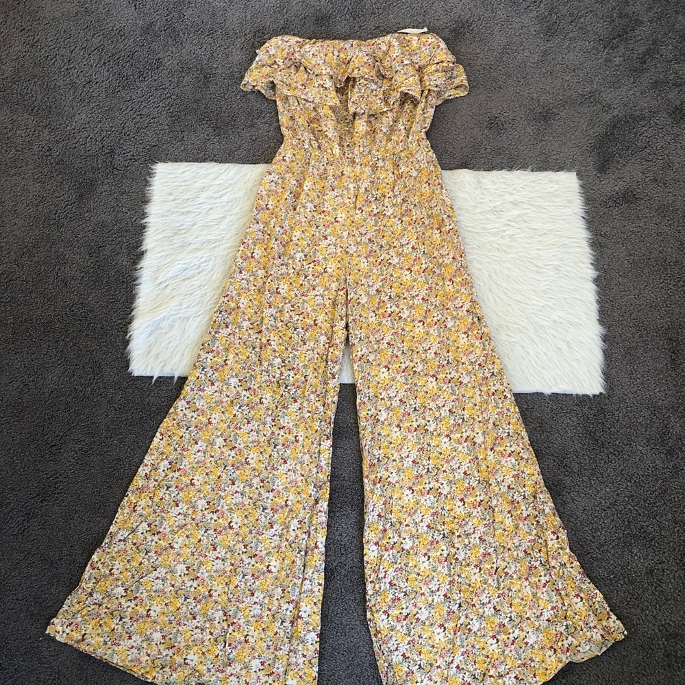 Smocked Yellow Floral Off-Shoulder Wide-Leg Jumpsuit